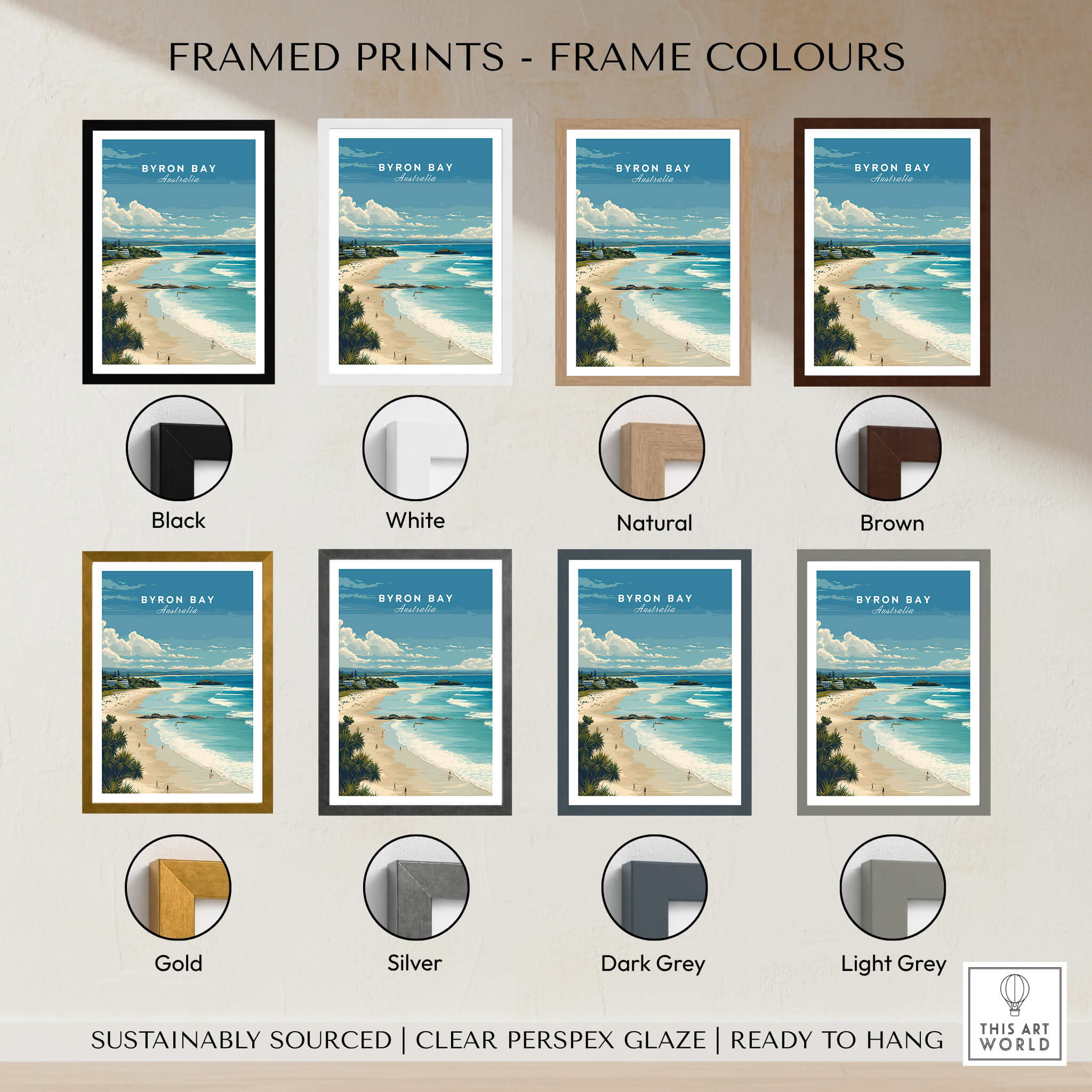Byron Bay Poster - Canvas Beach Print displayed in various frame colors including black, white, natural, and brown.