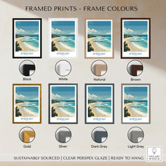 Byron Bay Wall Art Australia Travel Print framed in various colors including black, white, natural, brown, gold, silver, dark grey, light grey.