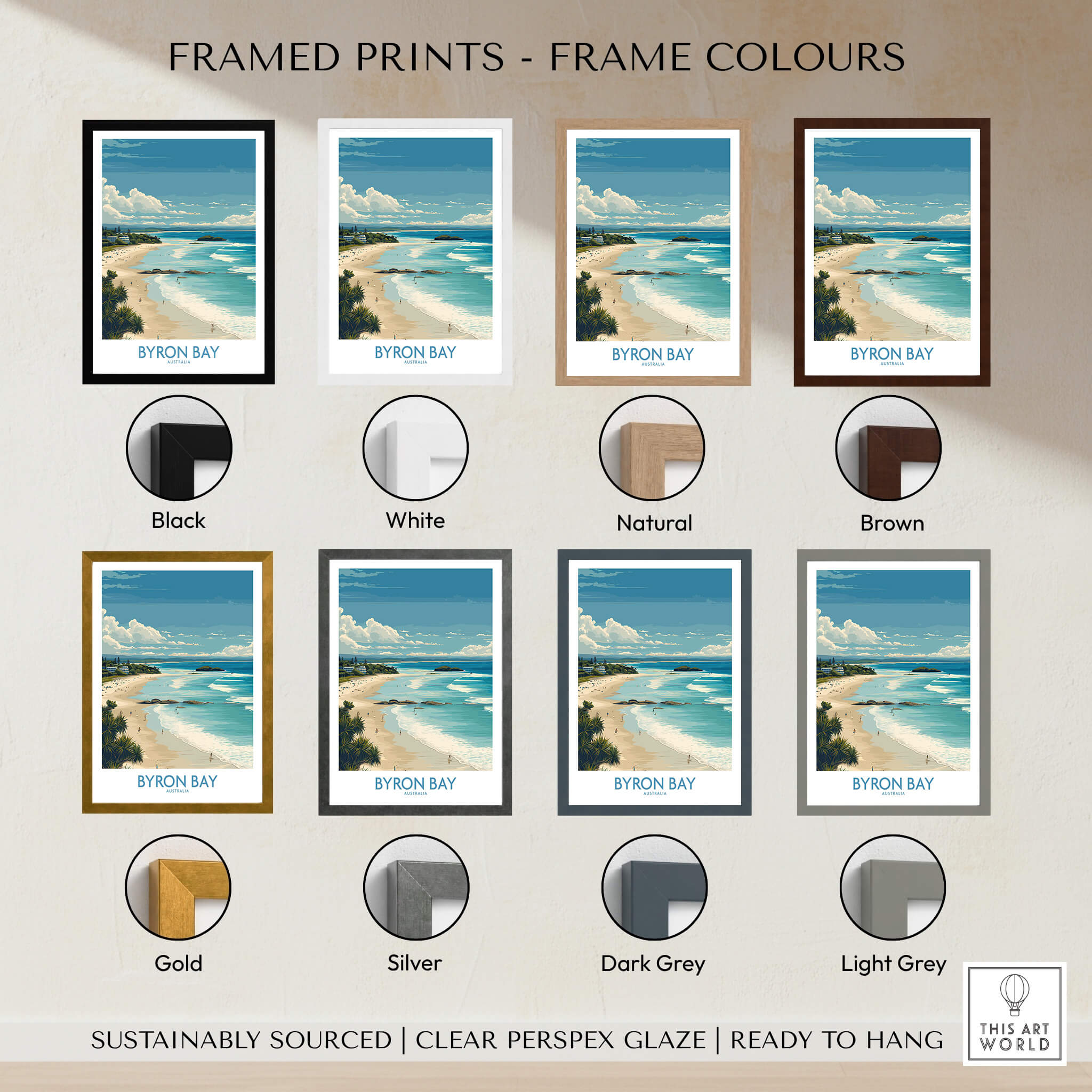 Byron Bay Wall Art Australia Travel Print framed in various colors including black, white, natural, brown, gold, silver, dark grey, light grey.
