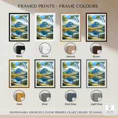 Framed mountain landscape travel print in seven frame colors: black, white, natural, brown, gold, silver, dark grey, light grey.