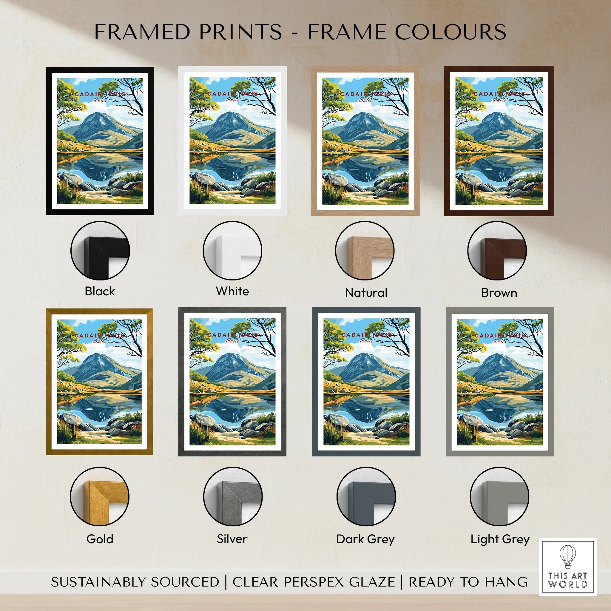 Framed mountain landscape travel print in seven frame colors: black, white, natural, brown, gold, silver, dark grey, light grey.