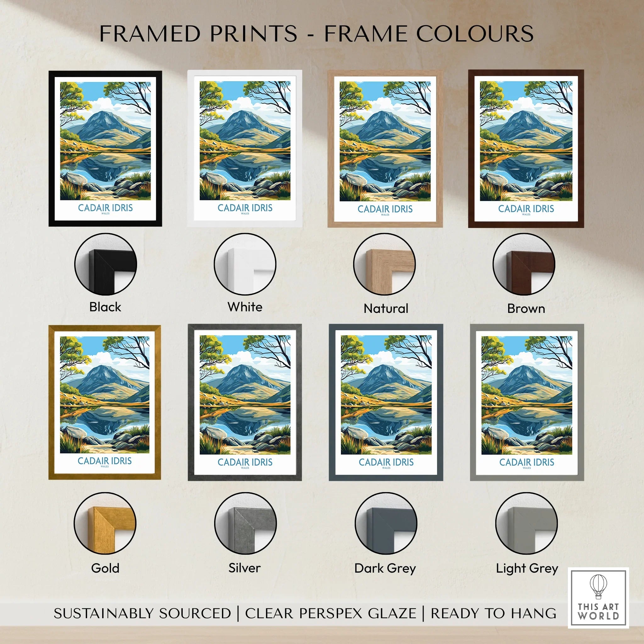Cadair Idris national park print in eight frame colour options, landscape wall art.
