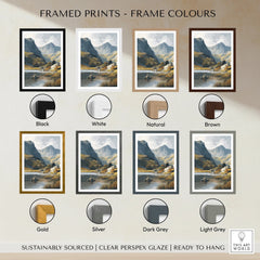 Framed landscape mountain print with eight frame color options: black, white, natural, brown, gold, silver, dark grey, and light grey.