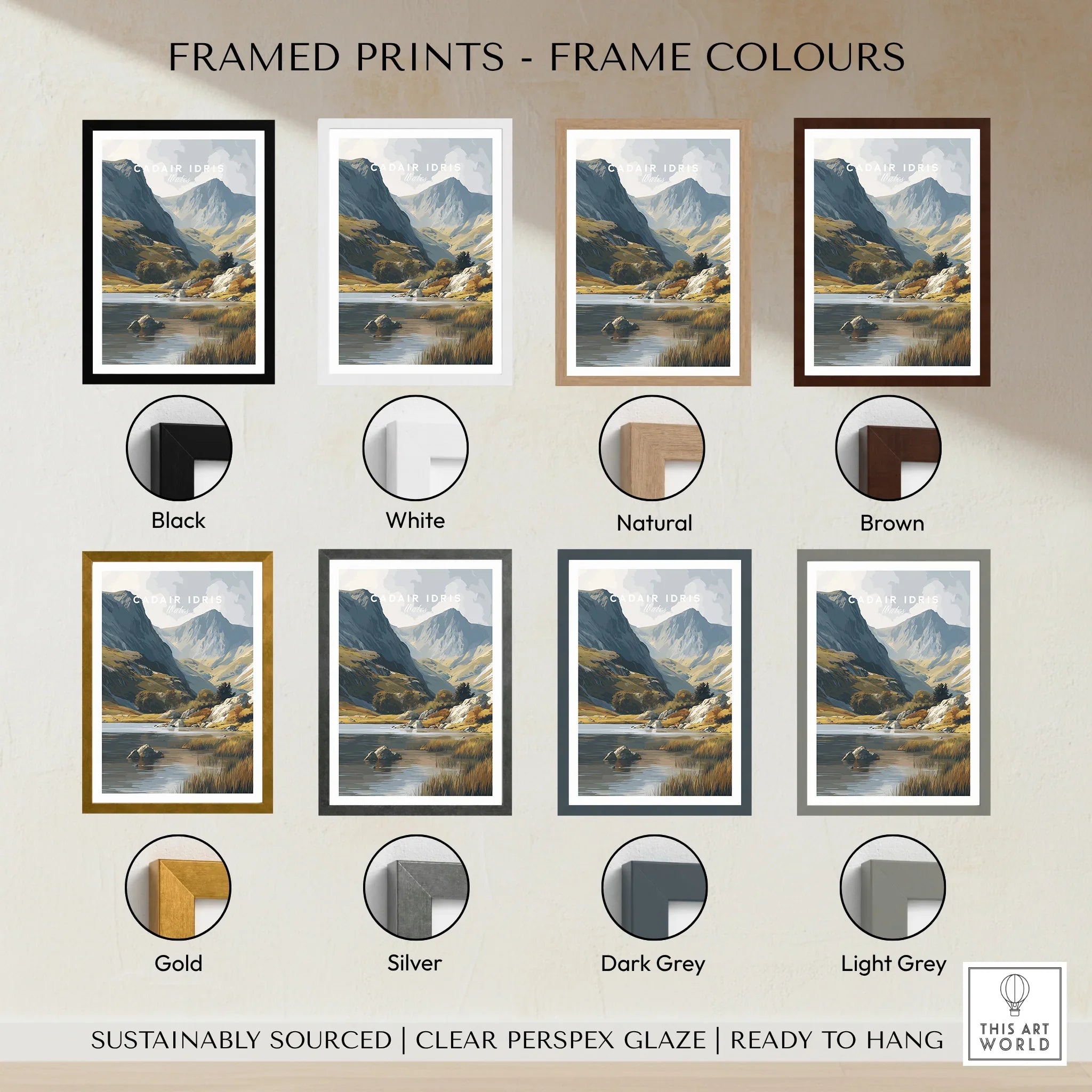 Framed landscape mountain print with eight frame color options: black, white, natural, brown, gold, silver, dark grey, and light grey.