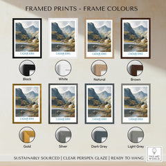 Cadair Idris mountain art print with multiple frame color options including black, white, natural, brown, gold, silver, dark grey, and light grey.