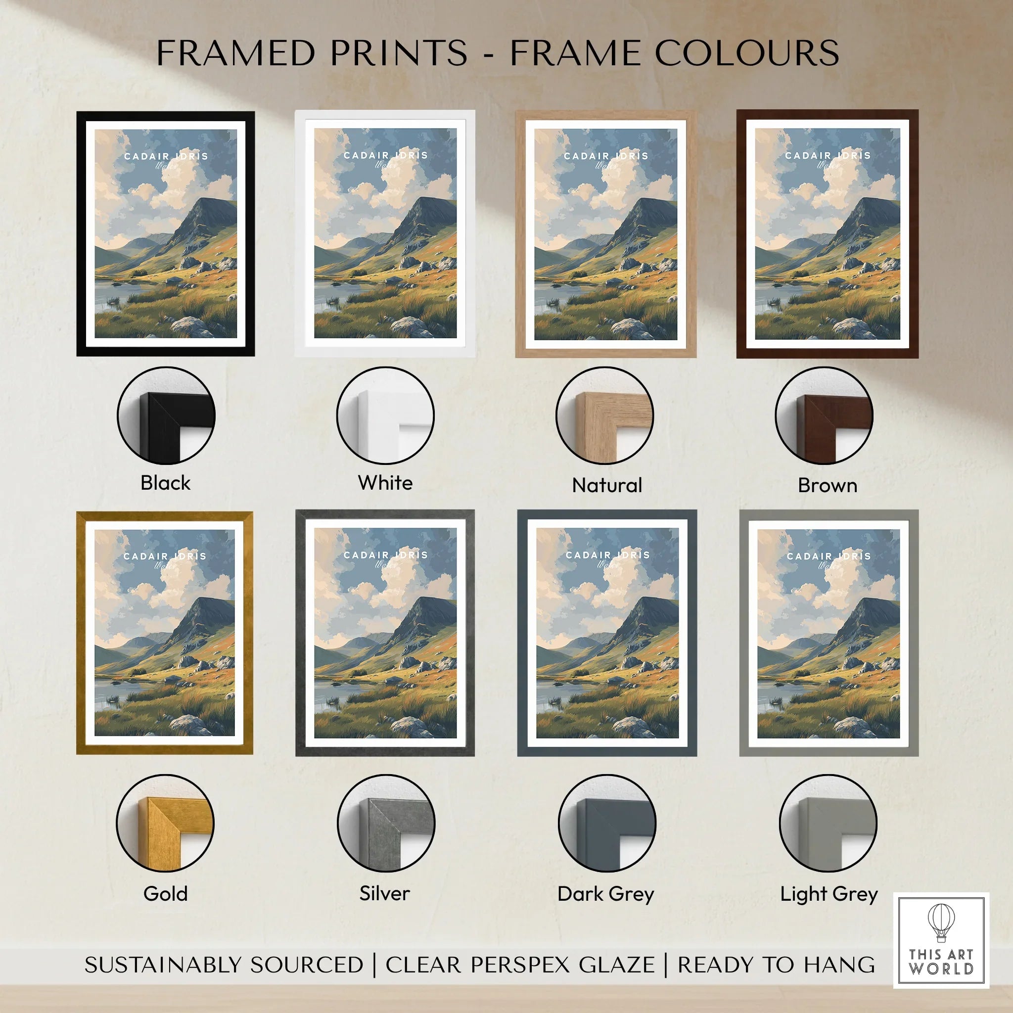 Cadair Idris travel poster framed print options in black, white, natural, brown, gold, silver, dark grey, and light grey frames.