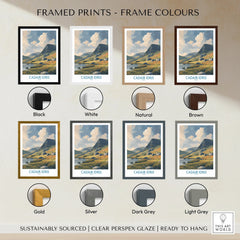 Framed Cadair Idris mountain print in 8 frame color options, travel wall art display.