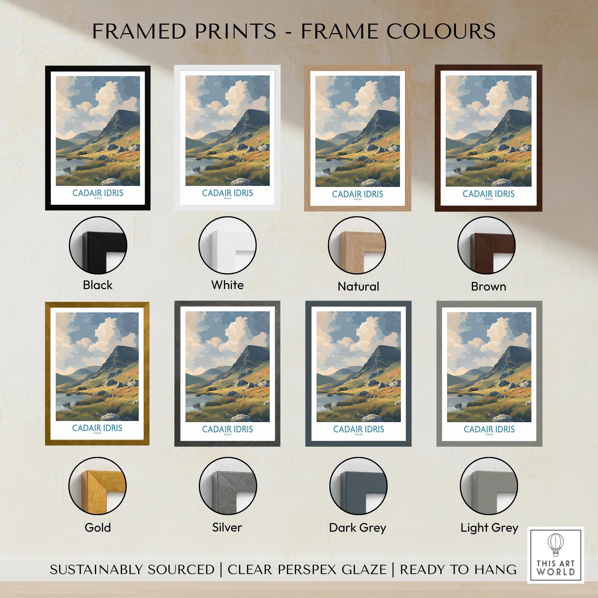 Framed Cadair Idris mountain print in 8 frame color options, travel wall art display.