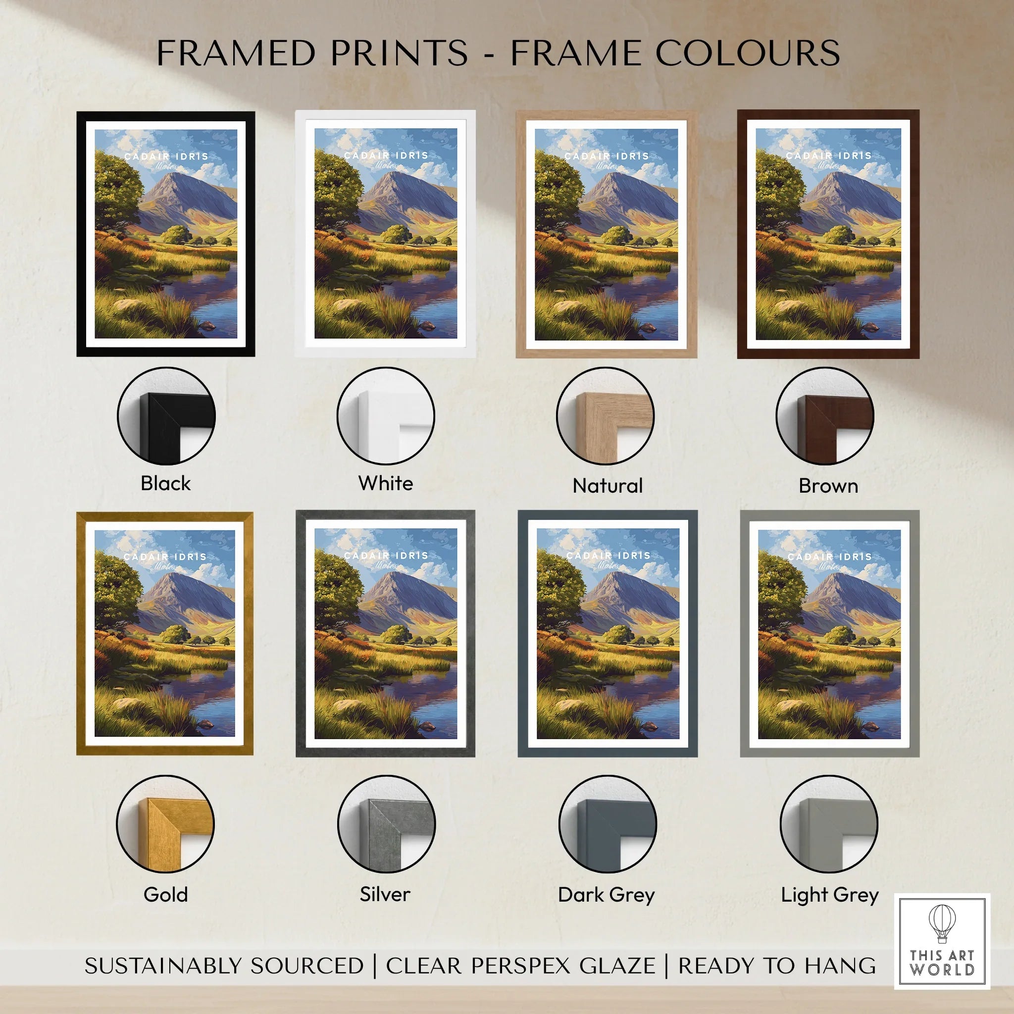 Framed landscape wall art print of Cadair Idris mountain with 8 frame color options.