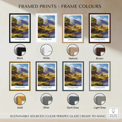 Cadair Idris mountain landscape wall art print with eight frame colour options: black, white, natural, brown, gold, silver, dark grey, light grey.