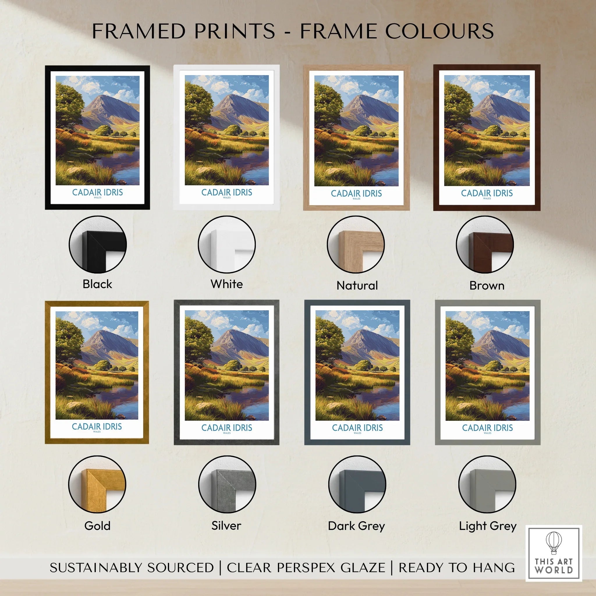 Cadair Idris mountain landscape wall art print with eight frame colour options: black, white, natural, brown, gold, silver, dark grey, light grey.