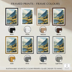 Framed Caida Idris travel art print displayed in eight frame color options including black, white, natural, brown, gold, silver, dark grey, and light grey.