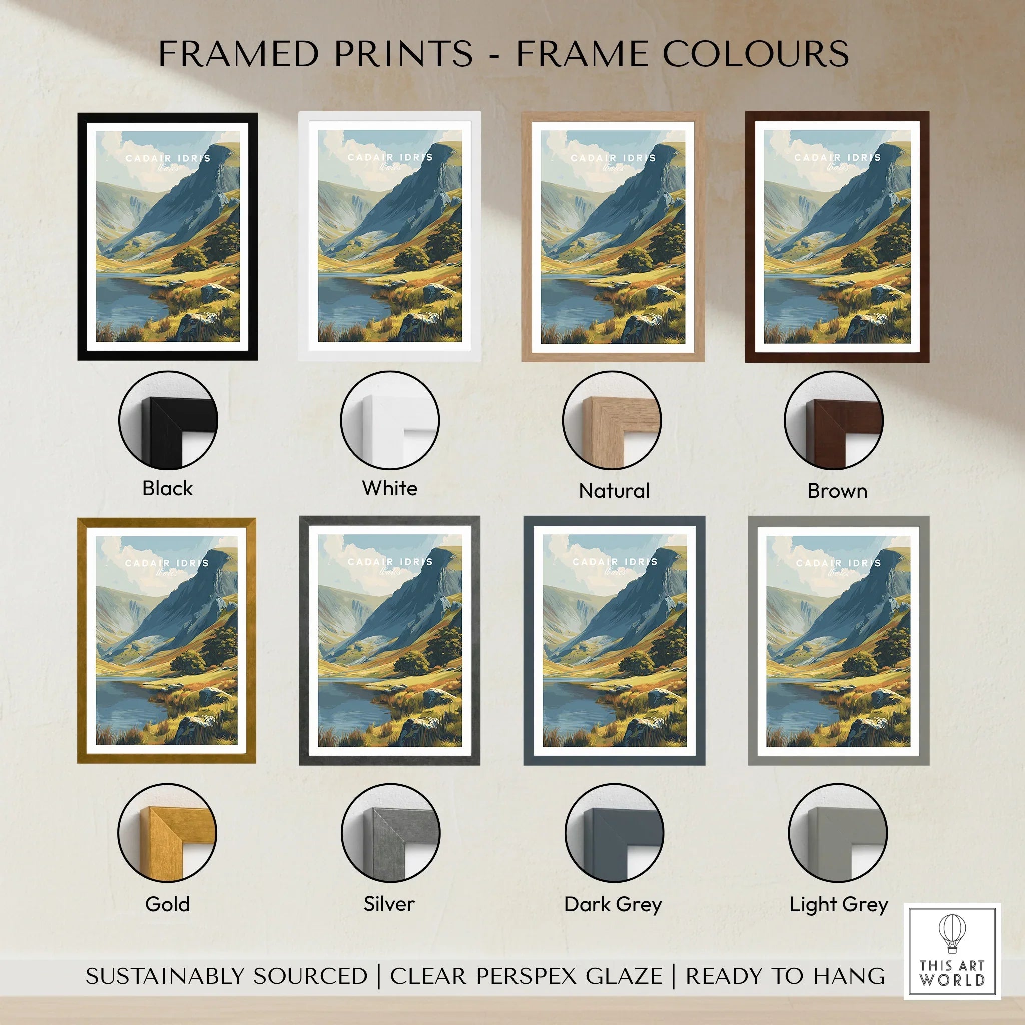 Framed Caida Idris travel art print displayed in eight frame color options including black, white, natural, brown, gold, silver, dark grey, and light grey.