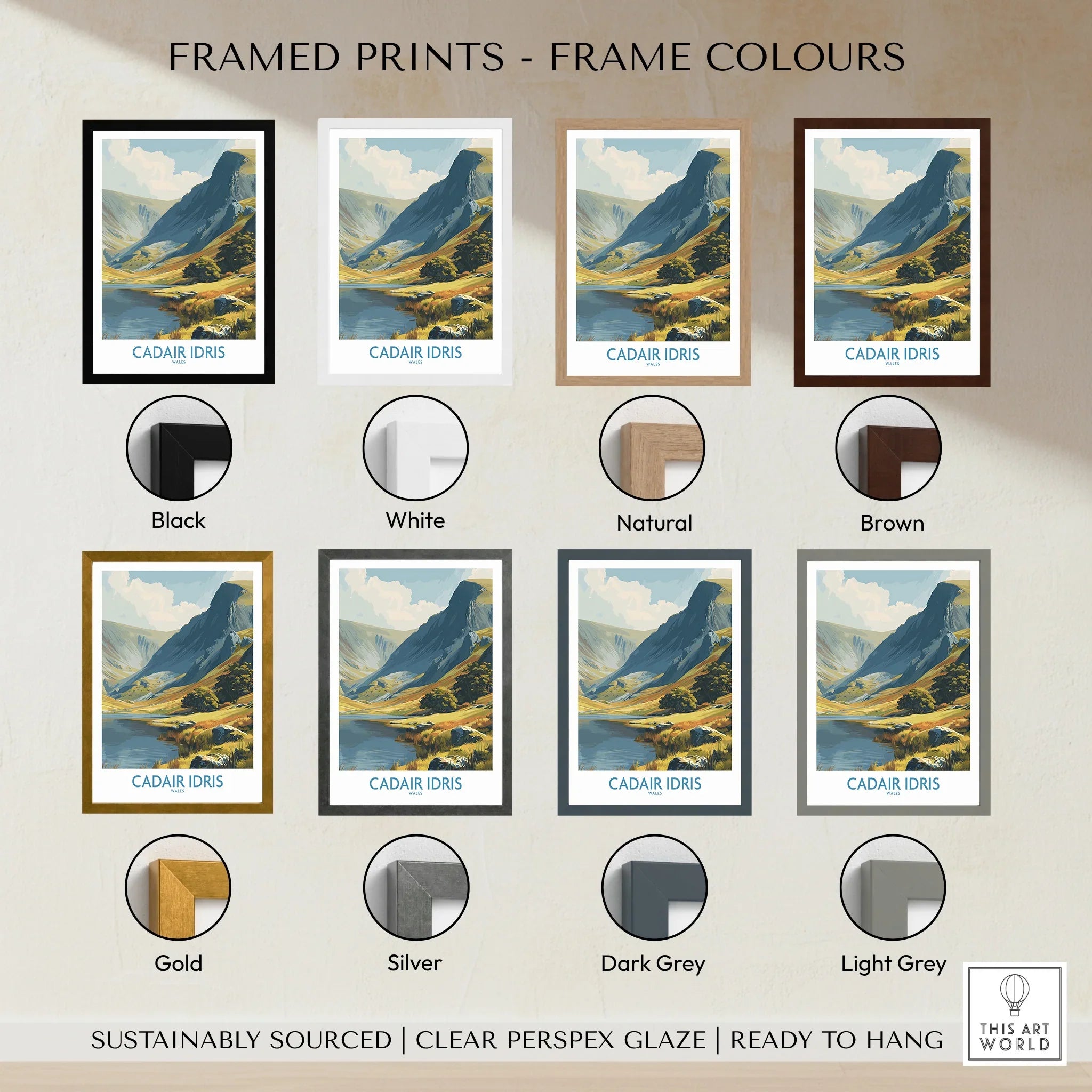 Framed print of Cadair Idris mountain with eight frame color options, landscape wall art.