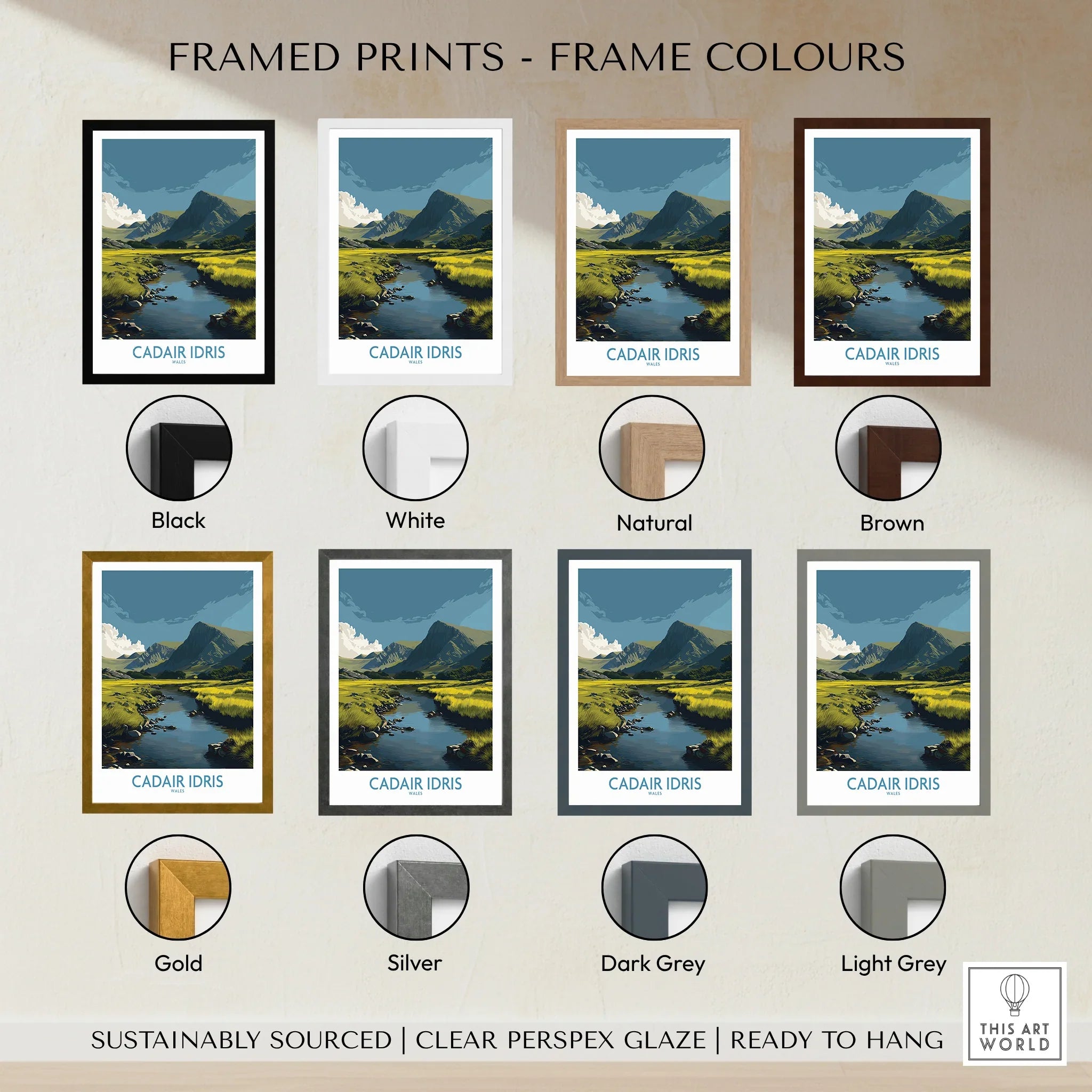 Cadair Idris travel poster print with multiple frame colour options including black, white, natural, brown, gold, silver, dark grey, and light grey.