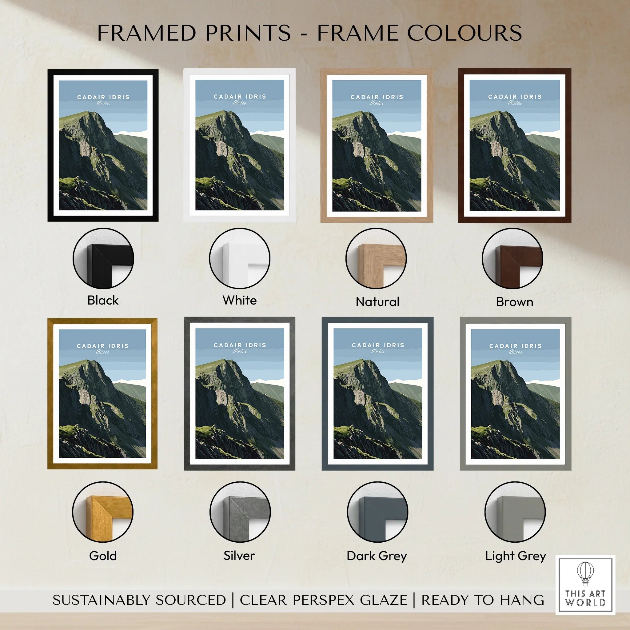 Cadair Idris framed mountain print in various frame colours, wall art decor options
