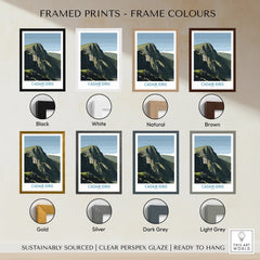 Framed prints of Cadair Idris mountain wall art shown in eight frame color options.
