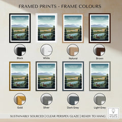 Cairngorms National Park framed wall art print showing frame color options including black, white, natural, brown, gold, silver, dark grey, and light grey.