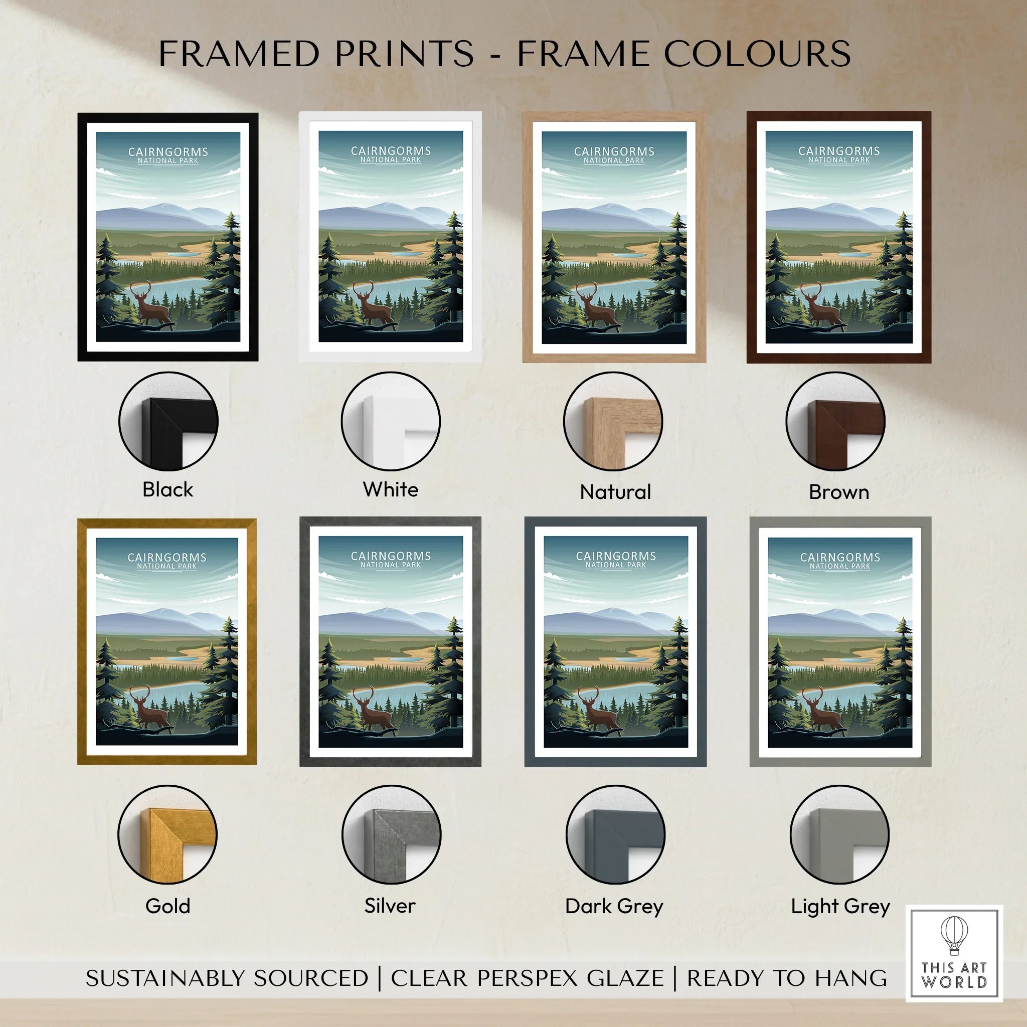 Cairngorms National Park framed wall art print showing frame color options including black, white, natural, brown, gold, silver, dark grey, and light grey.