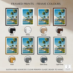 Framed Captiva Island Travel Poster – Florida Beach Houses and Palm Trees Art with various frame colors.