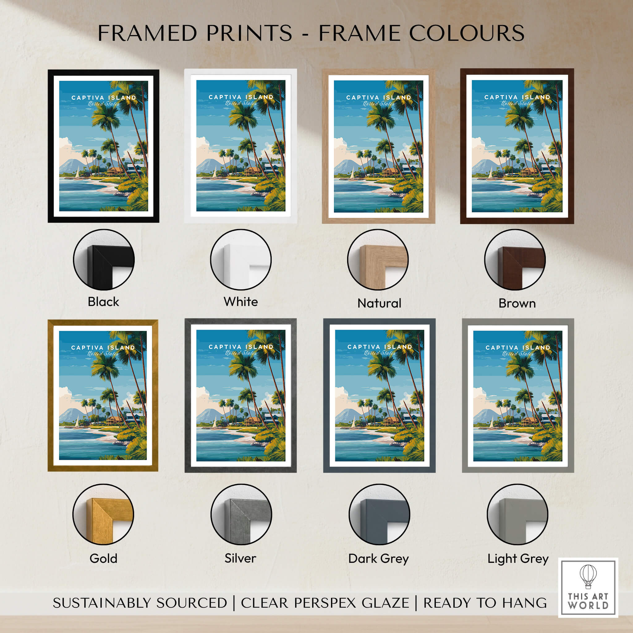 Framed Captiva Island Travel Poster – Florida Beach Houses and Palm Trees Art with various frame colors.
