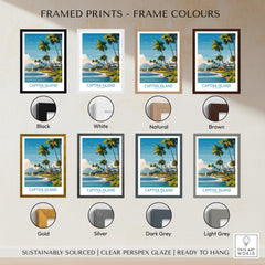Captiva Island Florida Wall Art – Tropical Coastline and Sailboat Decor with various frame color options.