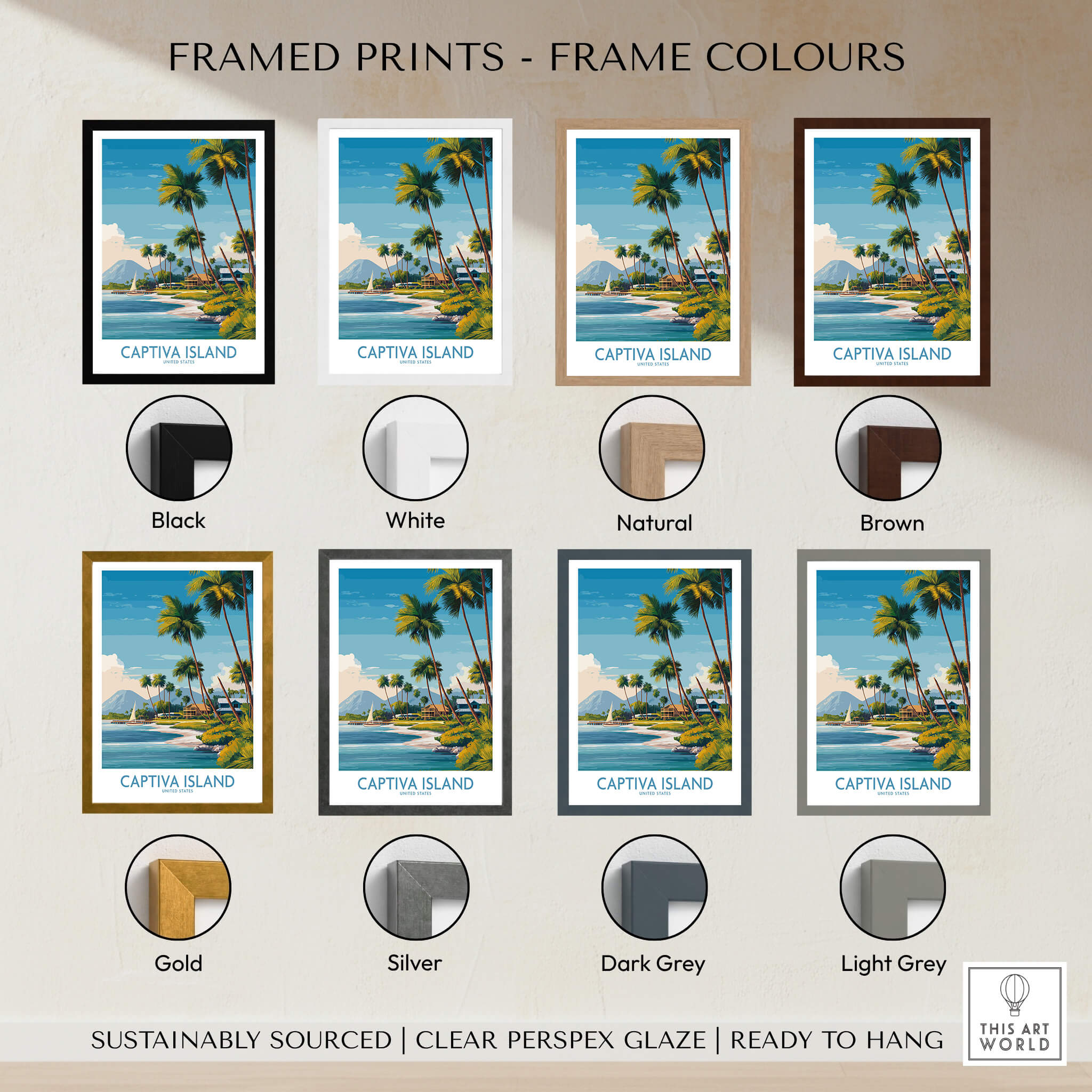 Captiva Island Florida Wall Art – Tropical Coastline and Sailboat Decor with various frame color options.