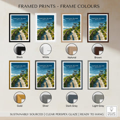 Captiva Island Poster – Florida Beach Print displayed in various frame colors including black, white, natural, and brown.