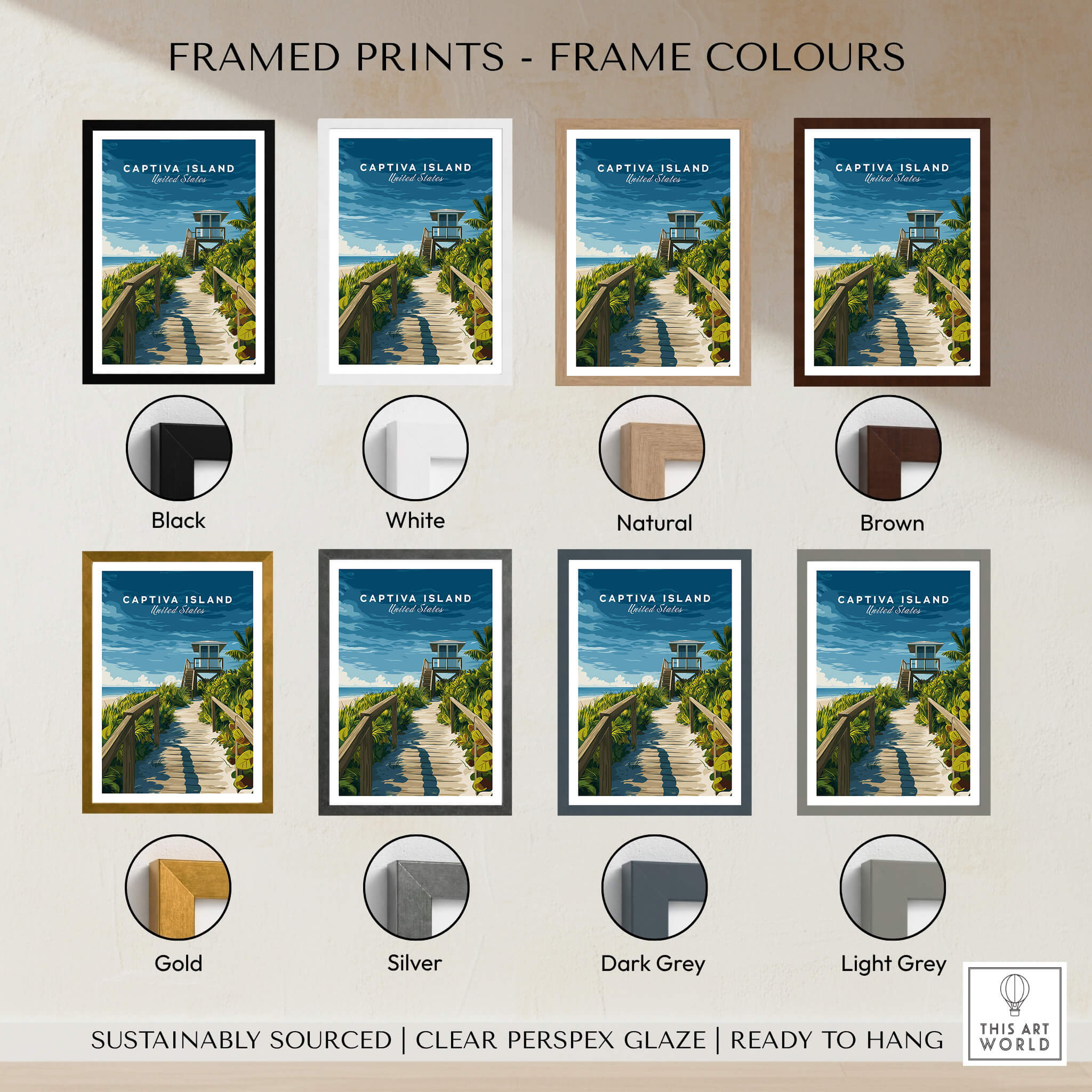 Captiva Island Poster – Florida Beach Print displayed in various frame colors including black, white, natural, and brown.
