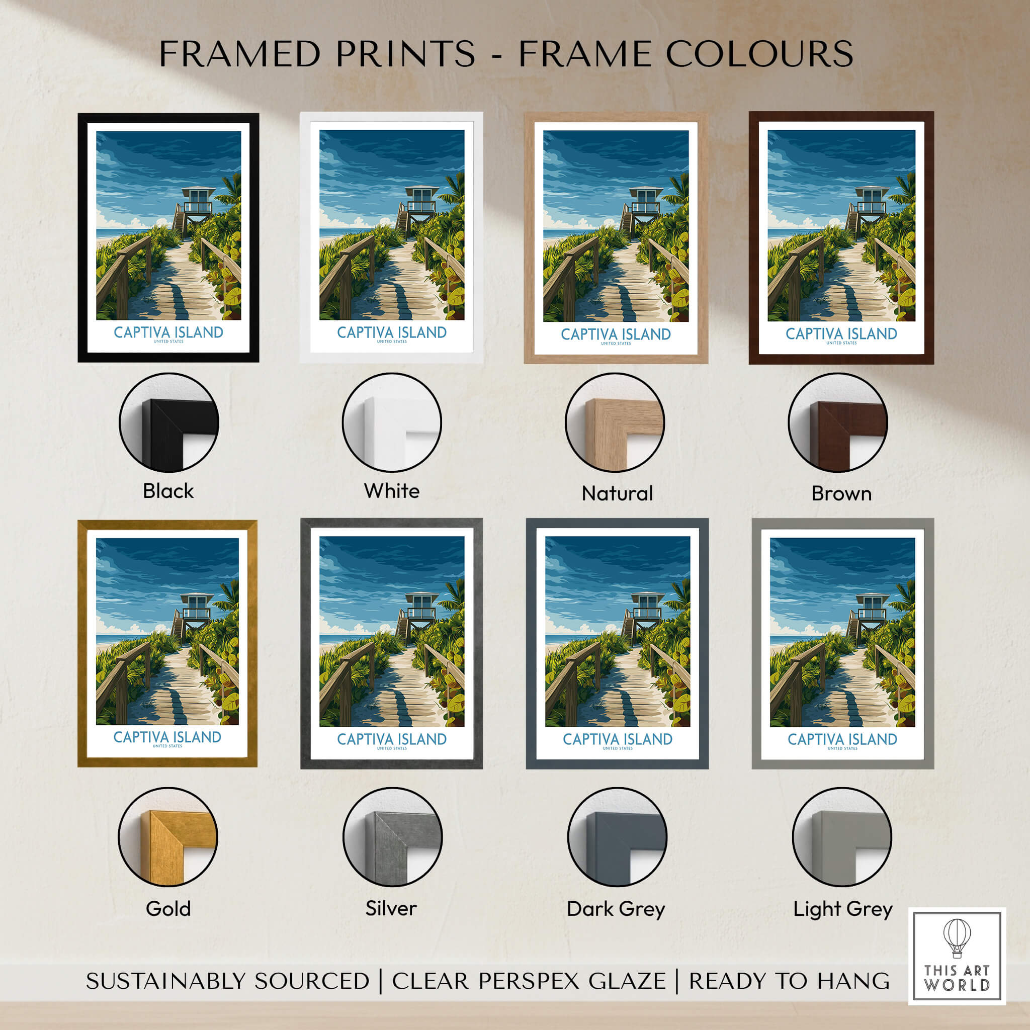 Captiva Island Florida Wall Art – Tropical Art framed print options in various colors including black, white, natural, and brown.