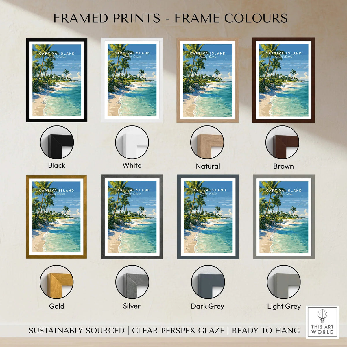 Captiva Island Travel Poster – White Sand Beach and Turquoise Water Art framed prints in various colors.
