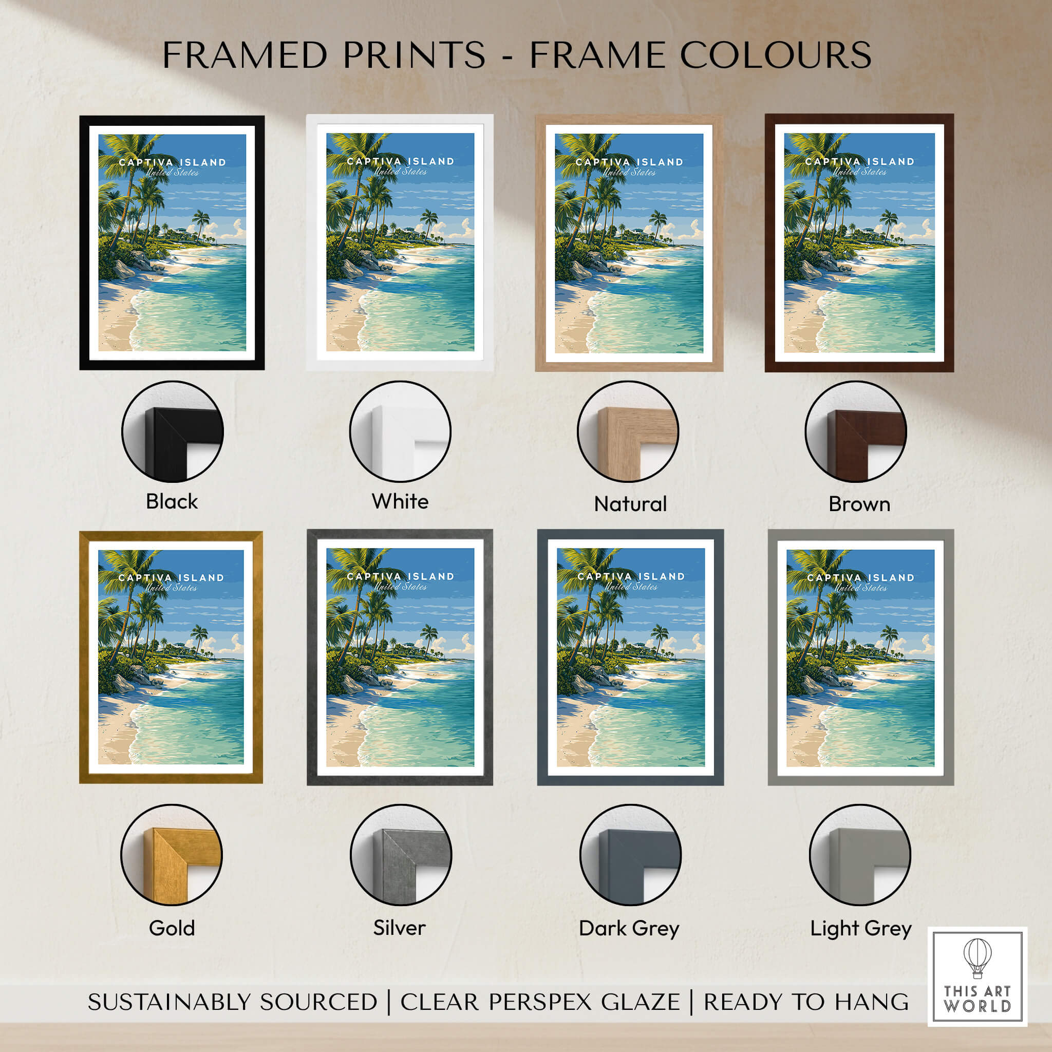 Captiva Island Travel Poster – White Sand Beach and Turquoise Water Art framed prints in various colors.