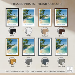 Captiva Island Florida Print – Sunny Shoreline and Tropical Palm Decor framed print options in various colors.