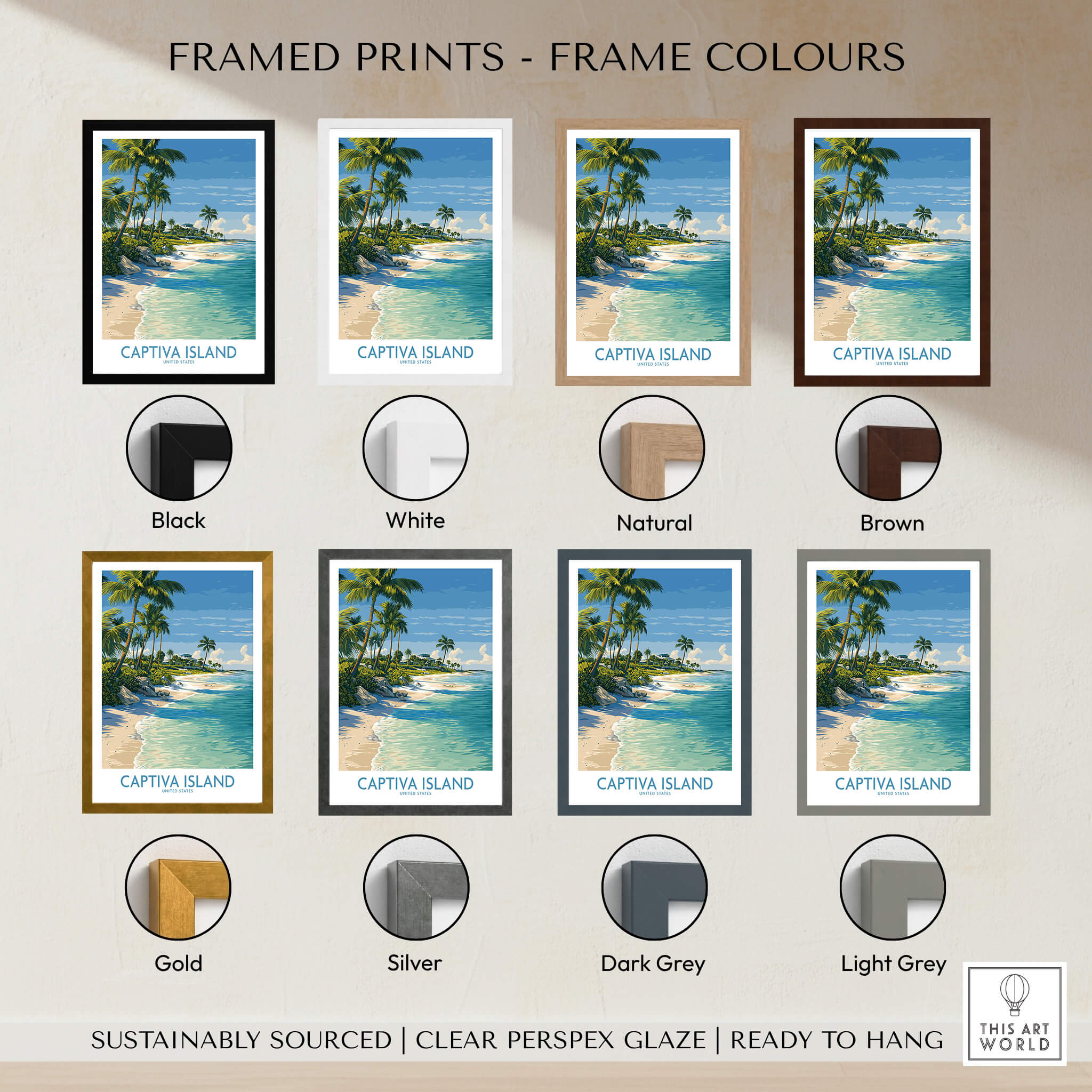 Captiva Island Florida Print – Sunny Shoreline and Tropical Palm Decor framed print options in various colors.