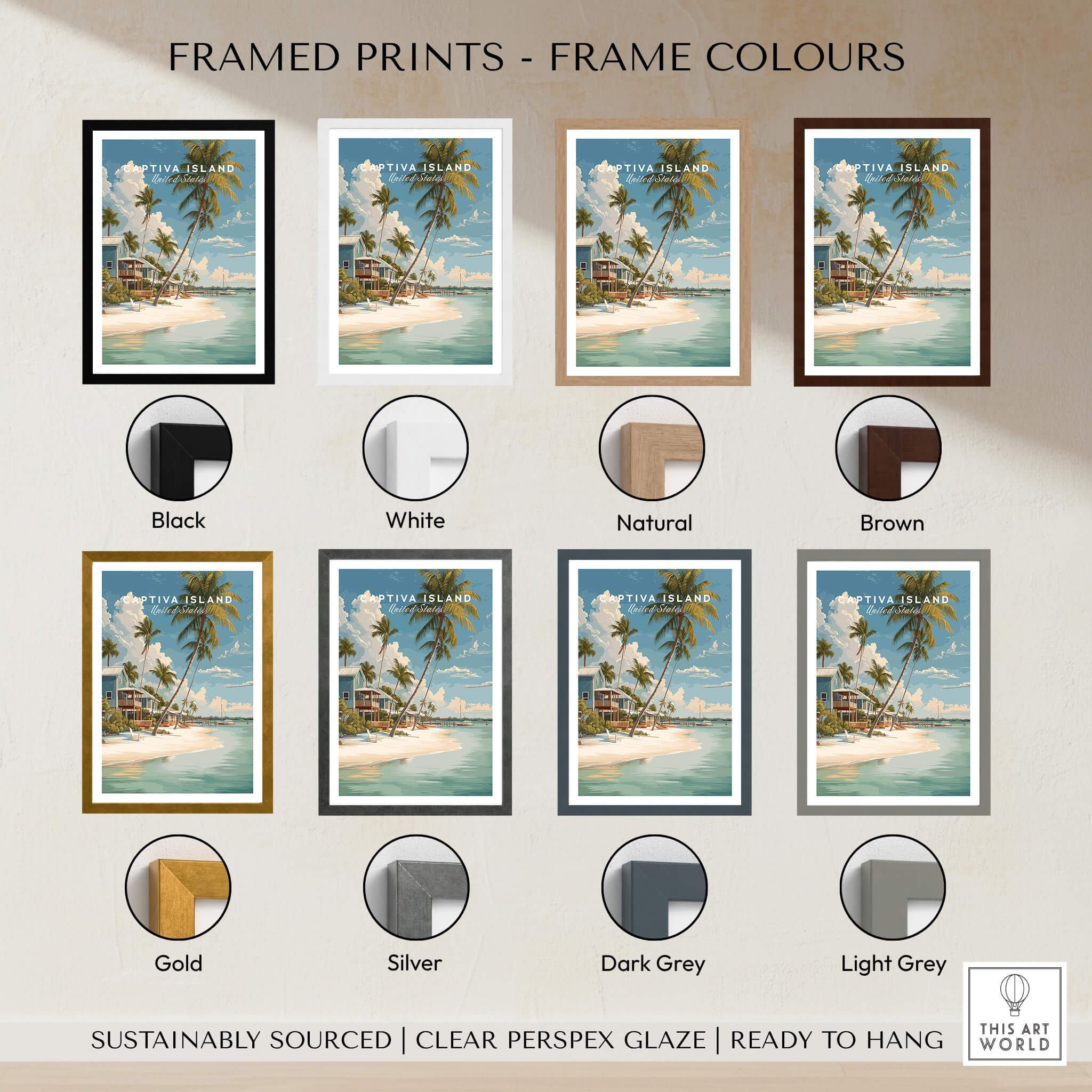 Captiva Island Florida Print – Coastal Palm Tree Art displayed in various frame colors including black, white, natural, and brown.