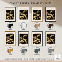 Framed prints of Caravaggio Art Print - Crucifixion of Saint Peter 1601 with various frame colors including black, white, and gold.