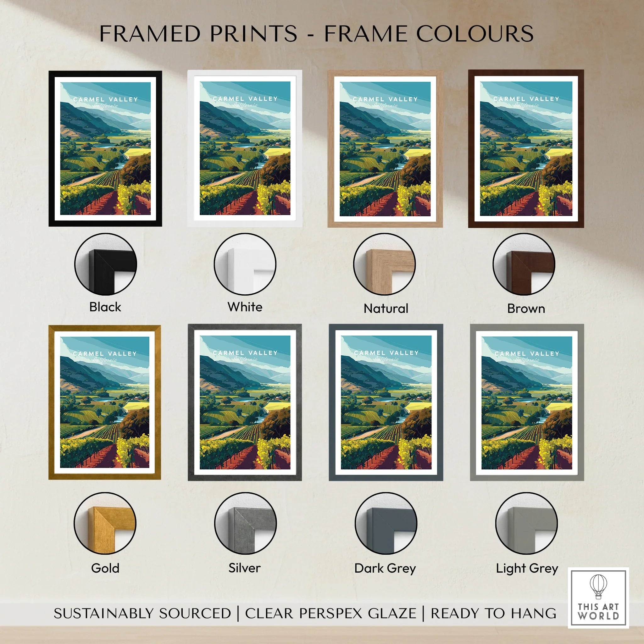Carmel Valley travel poster in eight frame color options, landscape wall art print