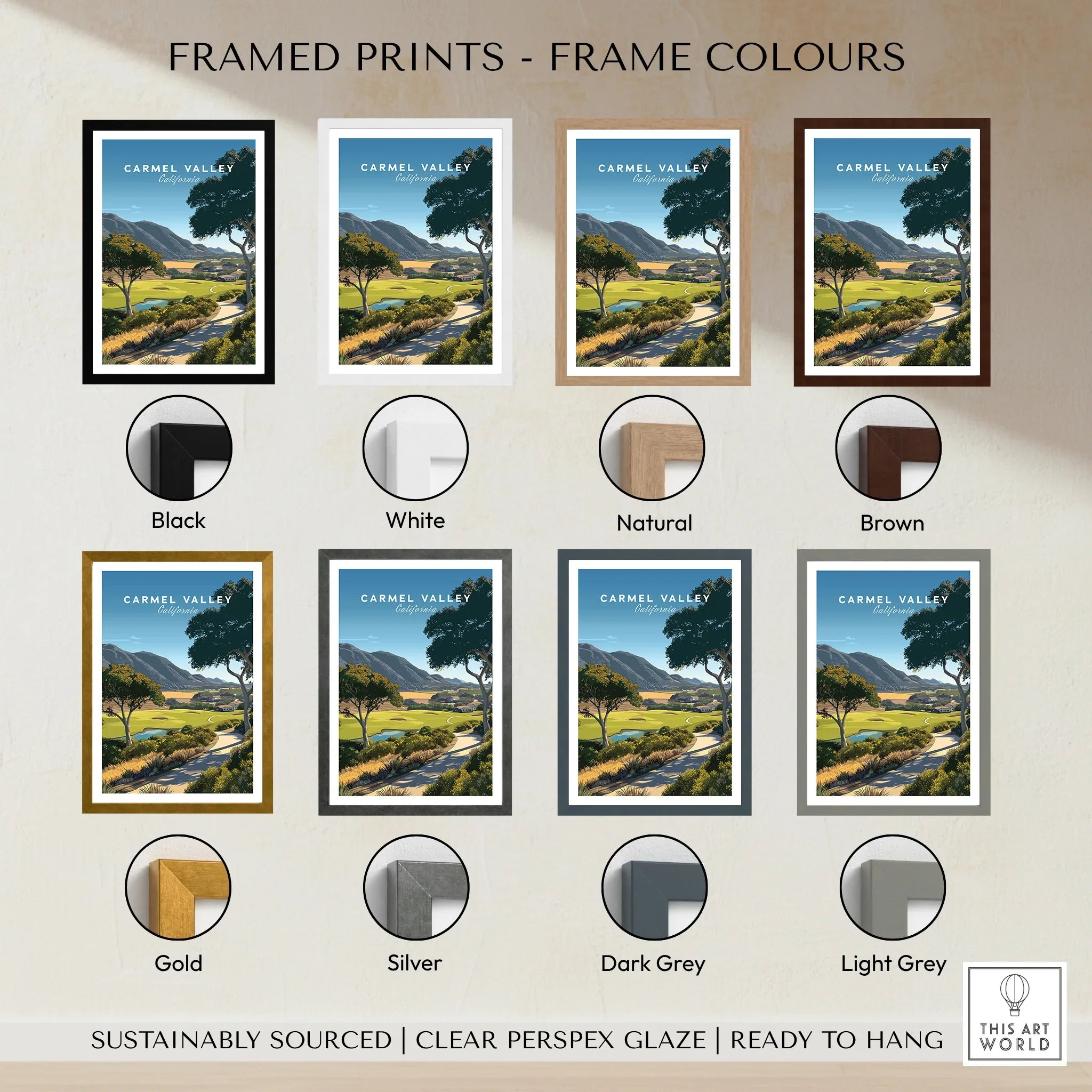 Carmel Valley framed travel print in eight frame color options, wall art decor variety