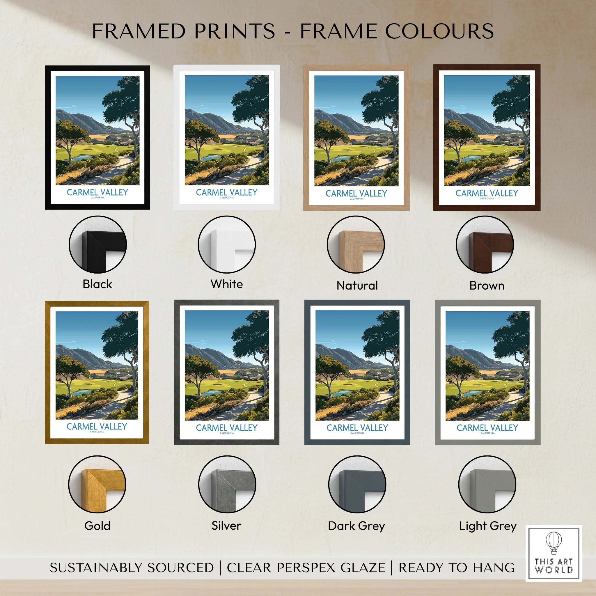 Carmel Valley travel poster art print in eight frame color options, including black, white, natural, brown, gold, silver, dark grey, and light grey.