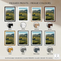 Framed Carmel Valley art print with various frame color options: black, white, natural, brown, gold, silver, dark grey, light grey.