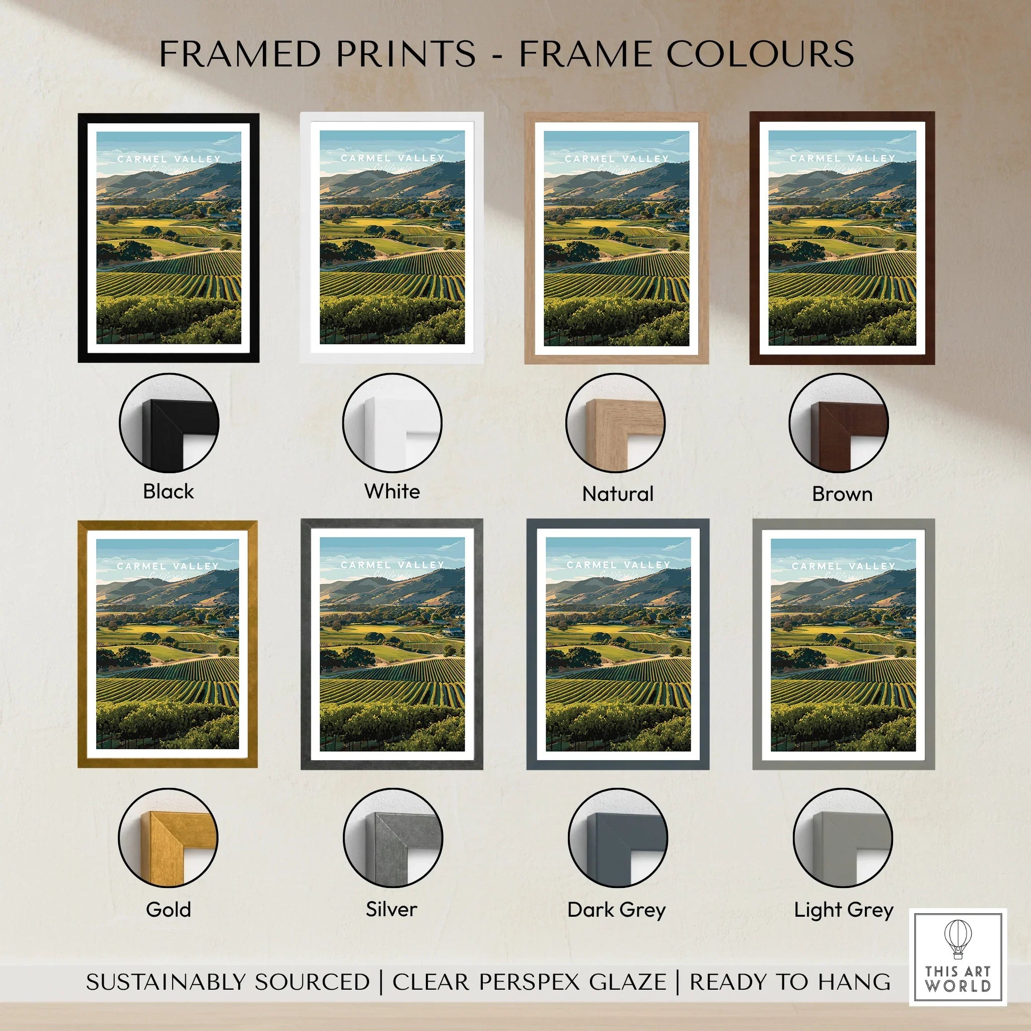 Framed Carmel Valley art print with various frame color options: black, white, natural, brown, gold, silver, dark grey, light grey.