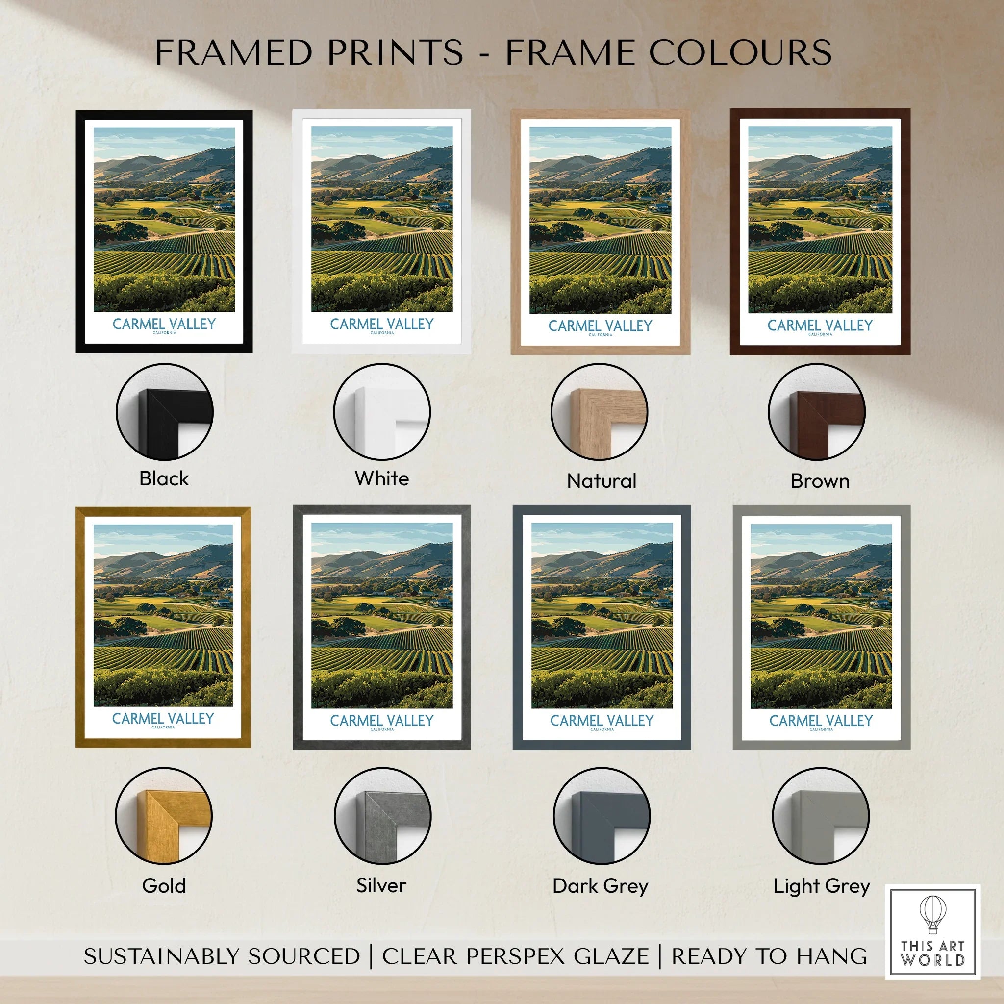 Carmel Valley travel poster print displayed with eight frame color options including black, white, natural, brown, gold, silver, dark grey, and light grey.