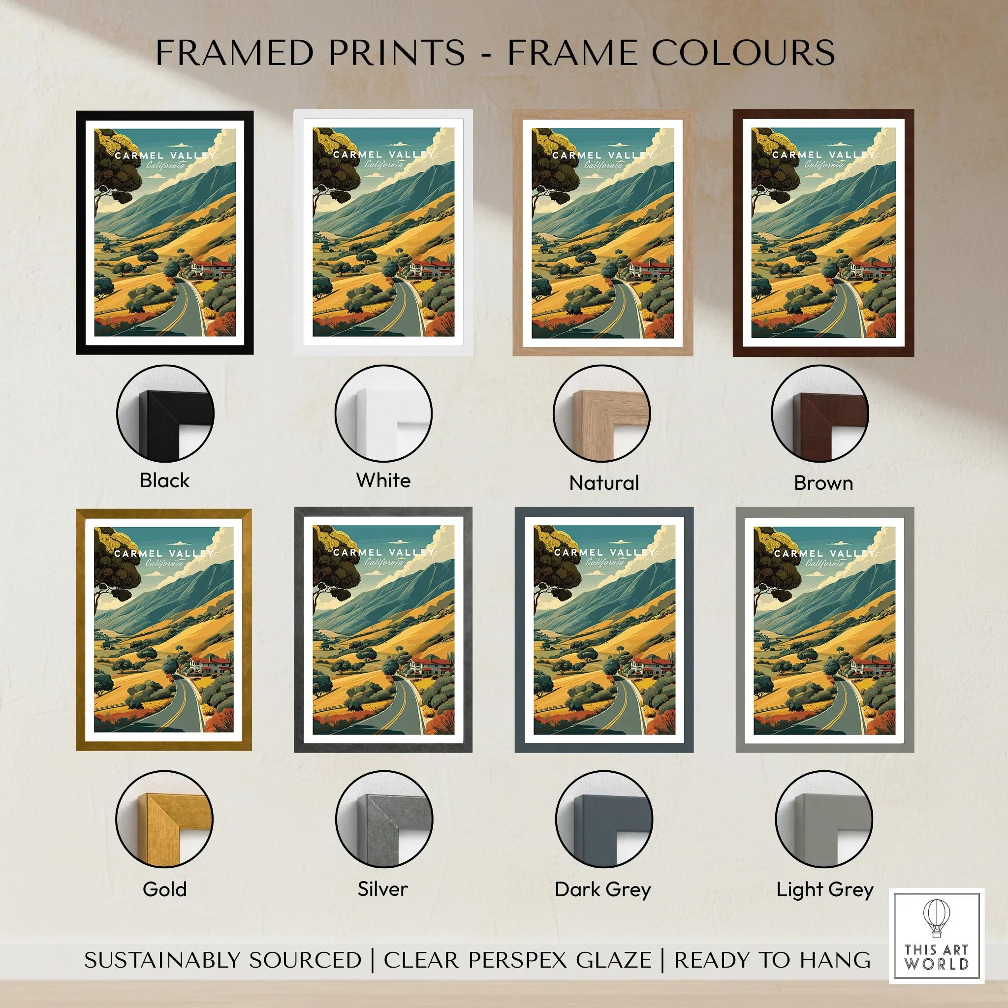 Carmel Valley travel print with eight frame color options including black, white, gold, and grey.