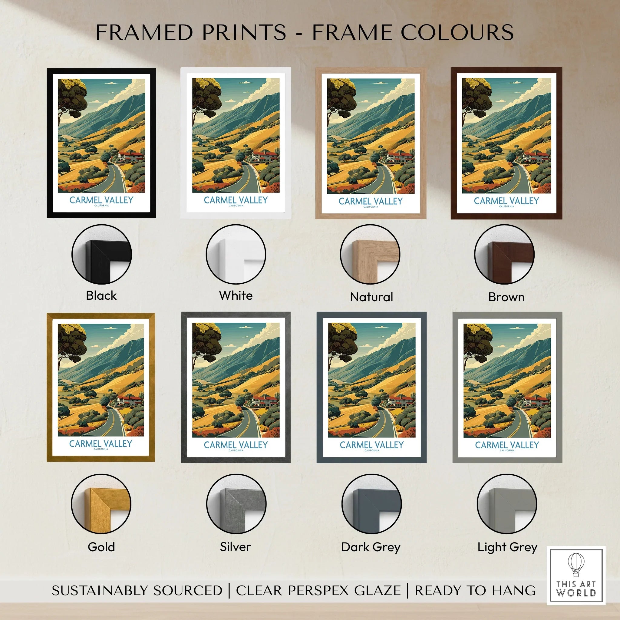 Carmel Valley art print with eight frame color options, including black, white, natural, brown, gold, silver, dark grey, and light grey.