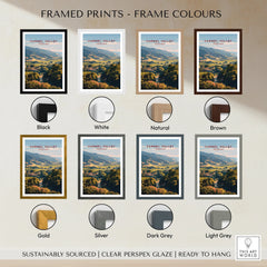 Carmel Valley California landscape travel print in eight frame color options, including black, white, natural, brown, gold, silver, dark grey, and light grey.