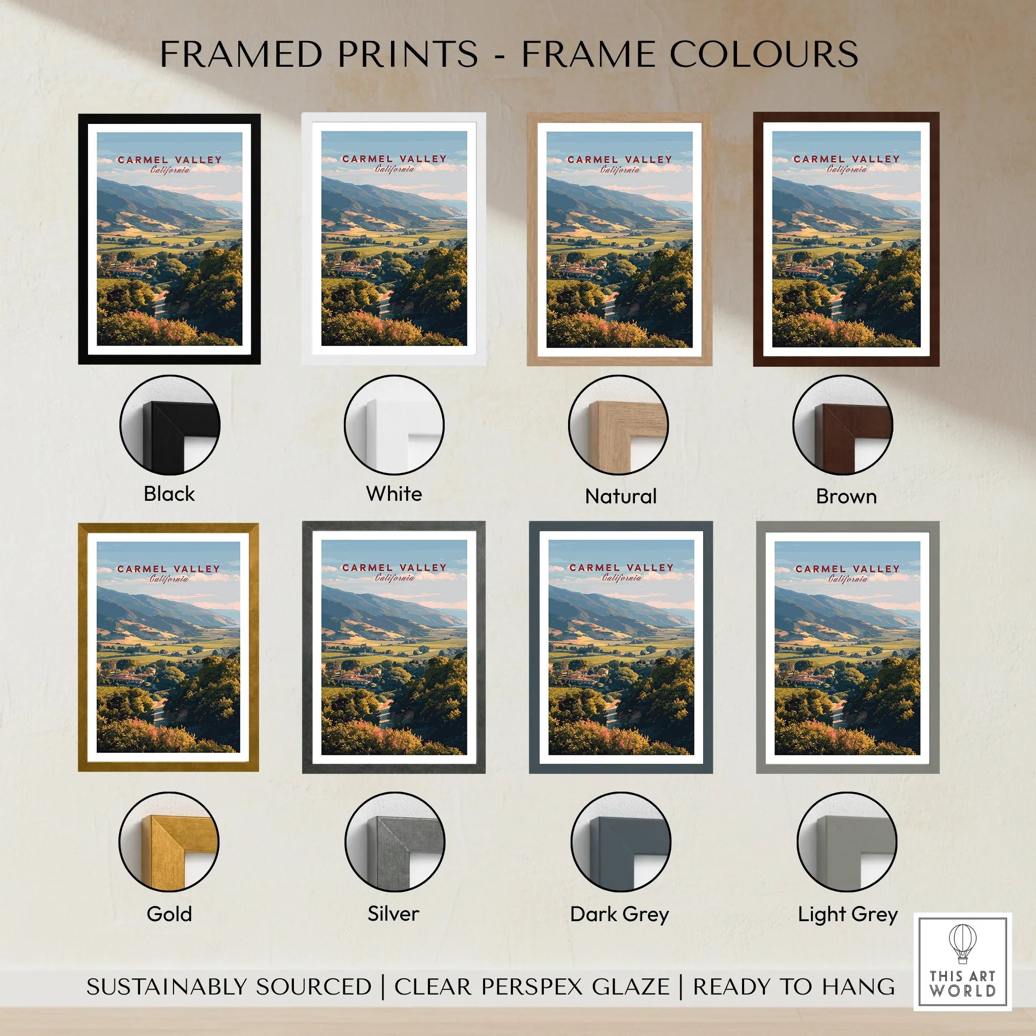 Carmel Valley California landscape travel print in eight frame color options, including black, white, natural, brown, gold, silver, dark grey, and light grey.