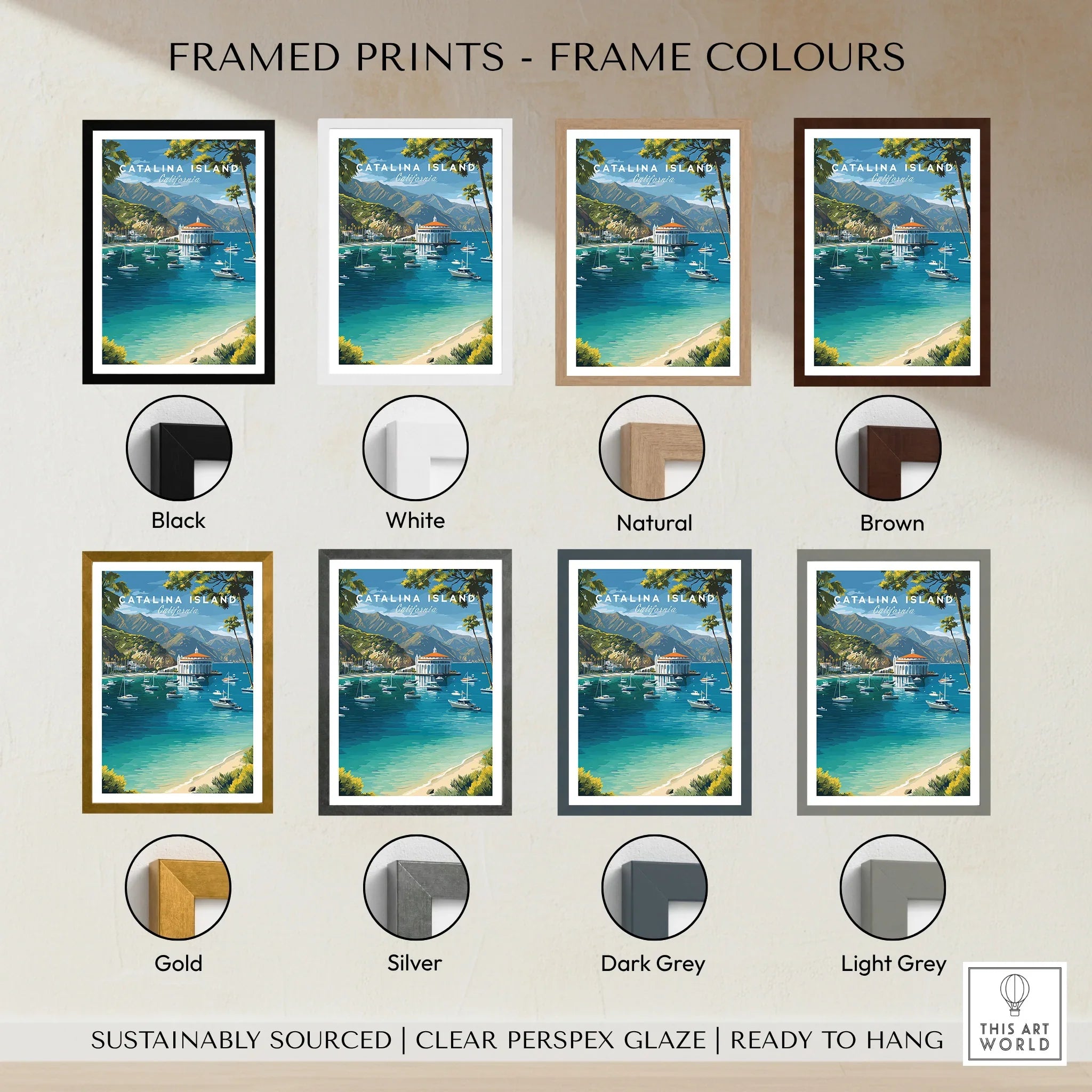 Catalina Island travel poster art print in eight different frame colors, featuring scenic ocean view.