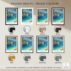Catalina Island travel poster print shown in 8 different frame color options, scenic coastal wall art