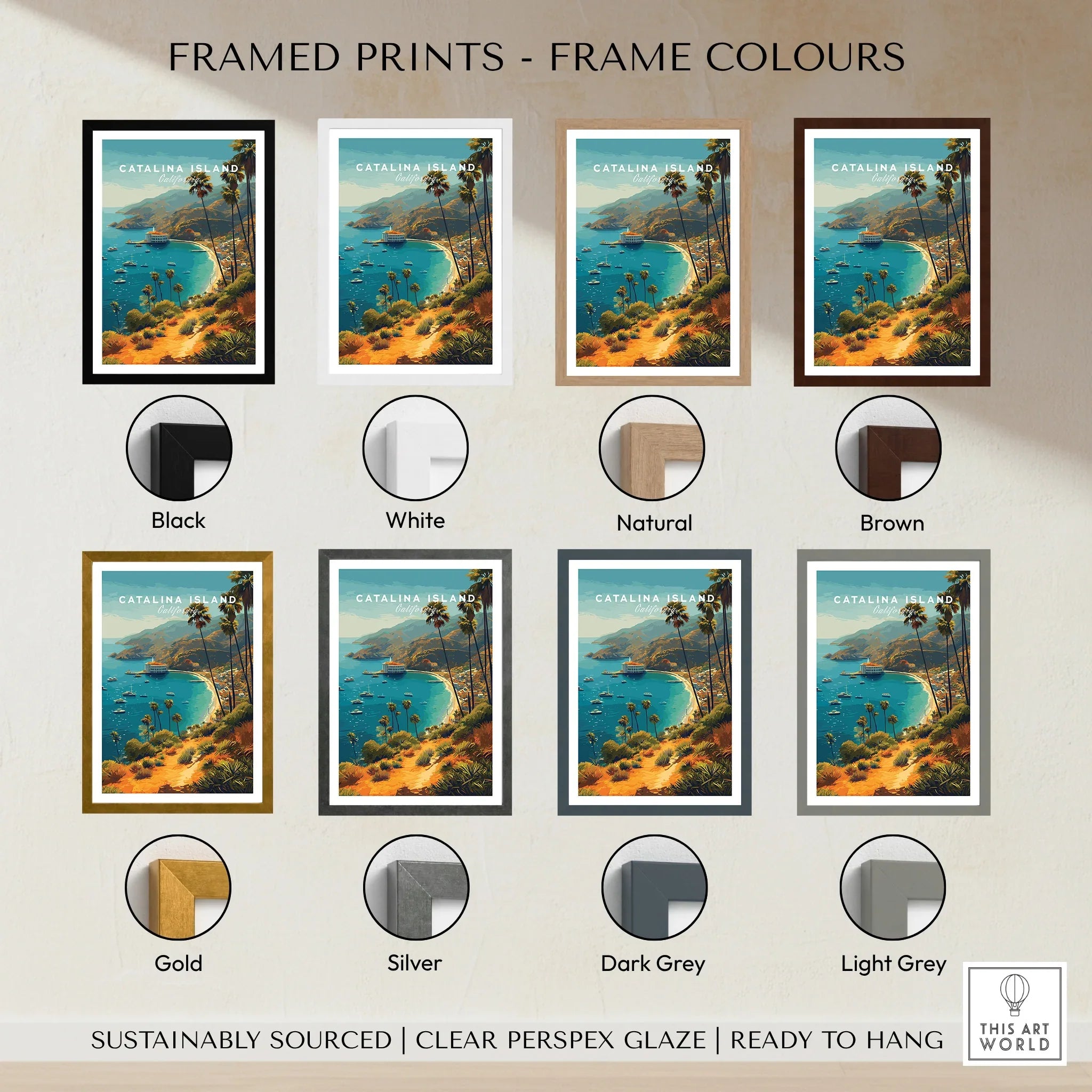 Catalina Island art print with various frame color options including black, white, brown, and more.