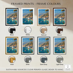 Catalina Island travel poster wall art in eight frame color options, featuring ocean and mountains.